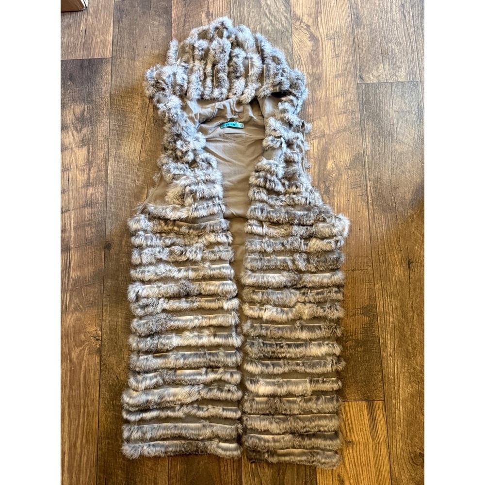 Alice‎ + Olivia Grey Rabbit Fur Hooded Wool Vest  Womens Medium M